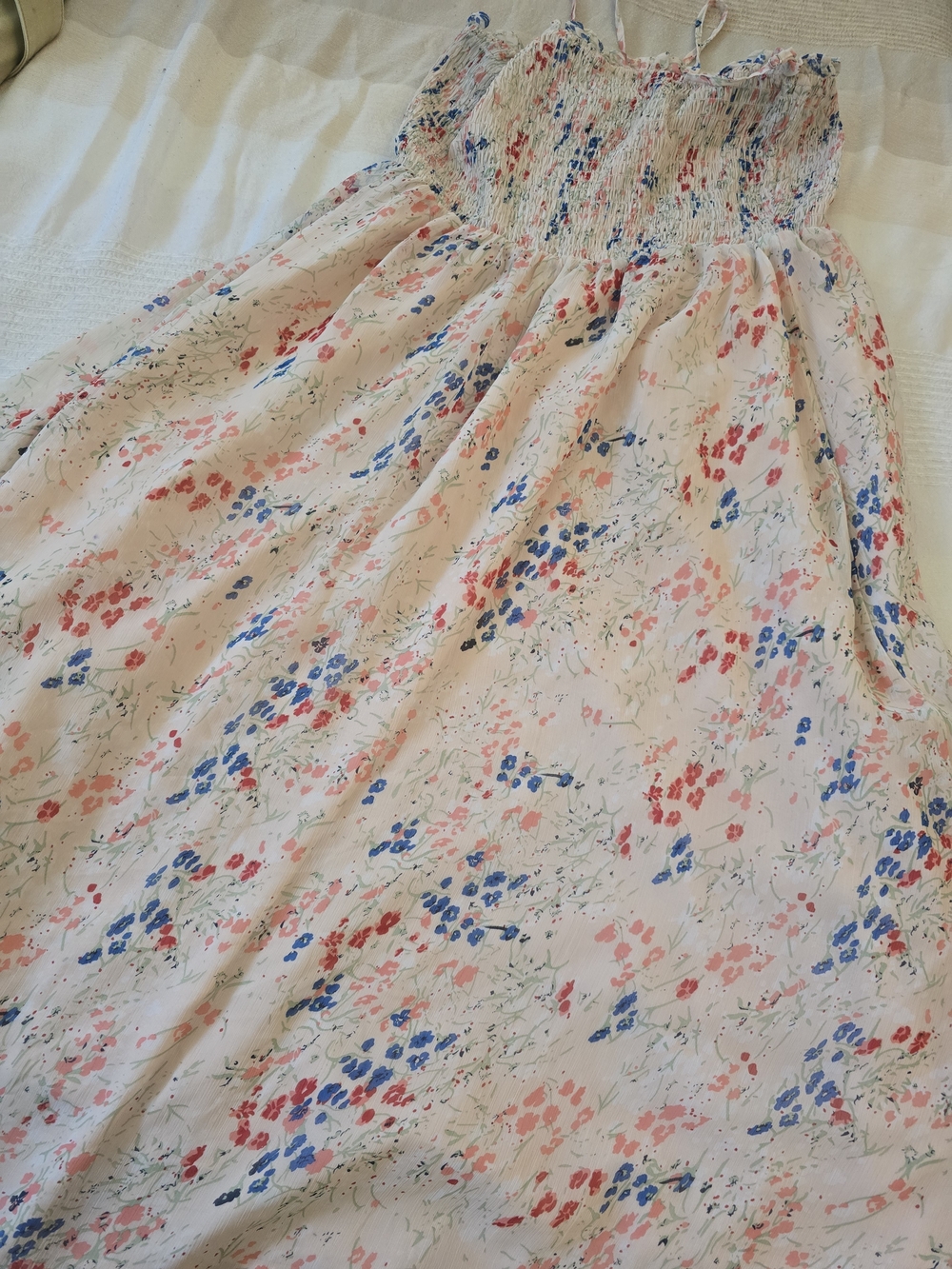 Forever 21 Pink Floral Smocked Midi Dress with Blue Accents